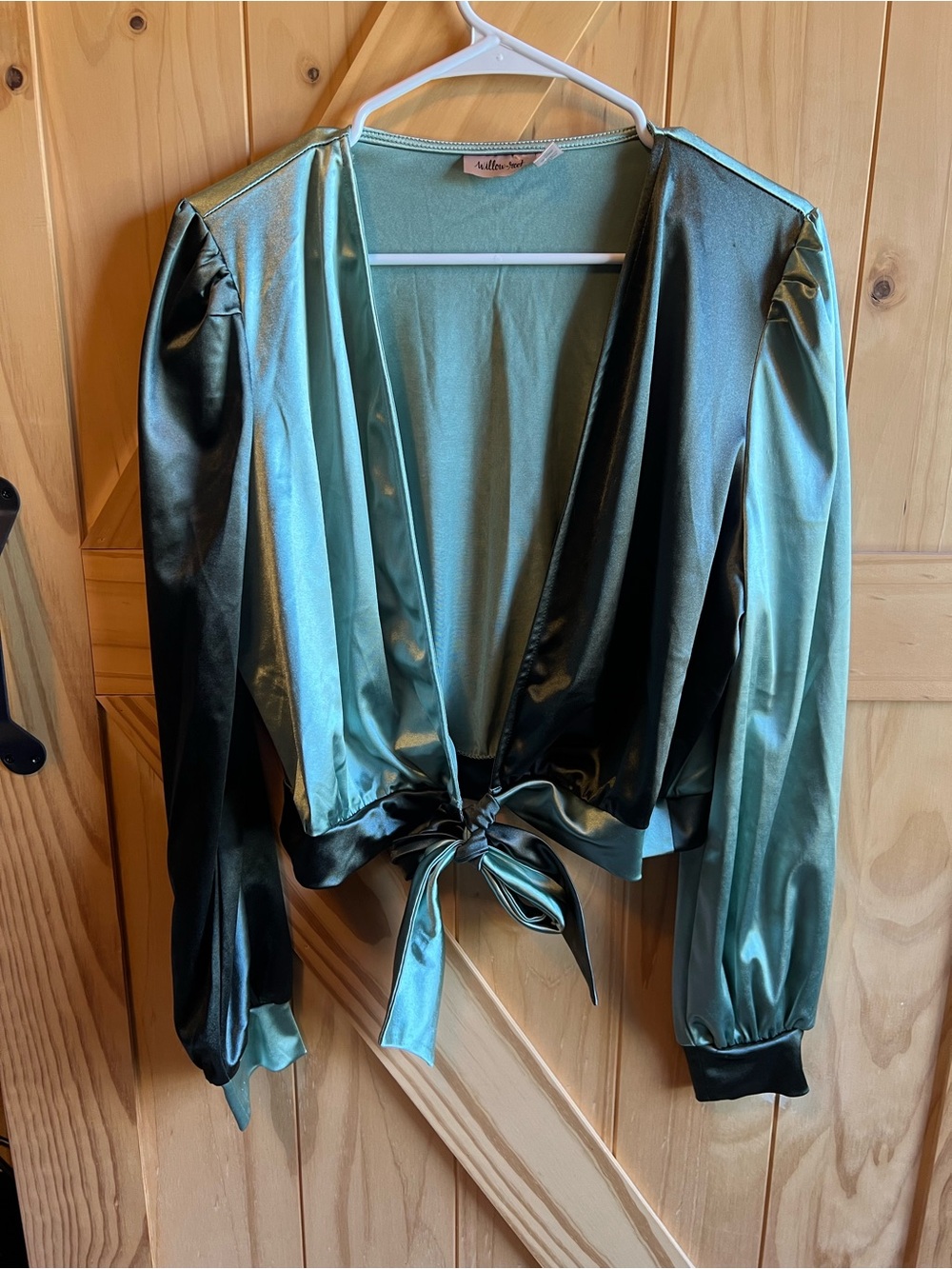 Tie-Front Two-Toned Satin Blazer Jacket in Olive & Sage Size L Office Spring Hip